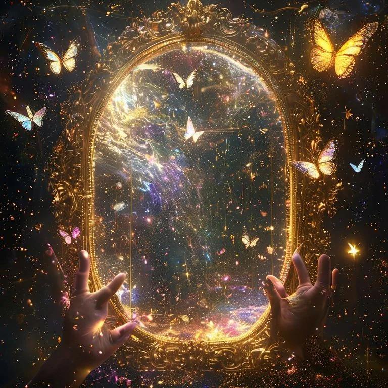 The Threshold - a portal to everywhere and nowhere. Butterflies become pure light as they cross. Hands reach through dimensions. What reflection do you see? The you that was? The you that could be? Step through. Find out. ????? #MirrorPortal #BetweenWorlds #AIArt #Surreal #Ethereal #FantasyArt